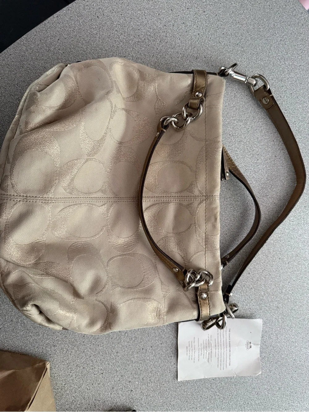 Coach Champagne Jacquard Shoulder Bag with Metallic Trim